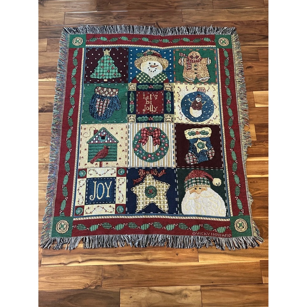 Vicky Howard Christmas Tapestry Throw Blanket Woven Fringed Santa Snowman 47x57